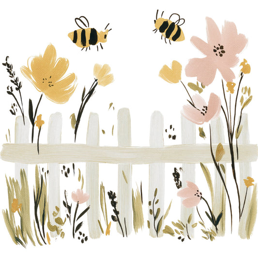 yellow flowers, blush pink flowers, cream white picket fence, bees, honey bees, nature, garden, spring, floral, botanical, farmhouse, rustic, whimsical, cottage core, soft yellow, dusty rose, pale pink, cream, sage green, black accents, wildflowers, insects, pastoral, vintage inspired, country style, meadow, peaceful, cheerful, garden gate