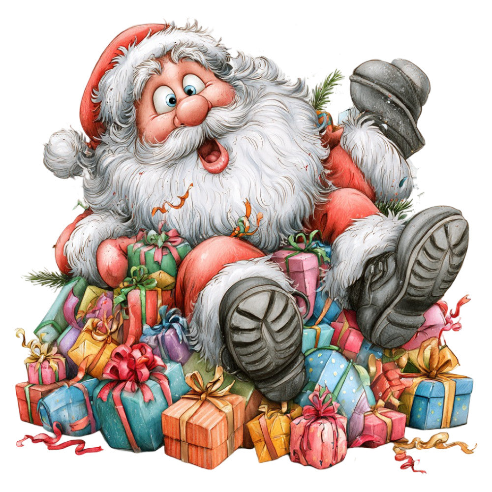 santa claus, christmas, holiday, jolly santa, red and white, forest green, coral red, gold accents, whimsical, vintage christmas, nostalgic, festive, gifts and presents, wrapped presents, ribbons and bows, winter, seasonal, traditional christmas, character panel, children's, cheerful, playful, retro christmas, kris kringle, december, yuletide, christmas morning, gift giving