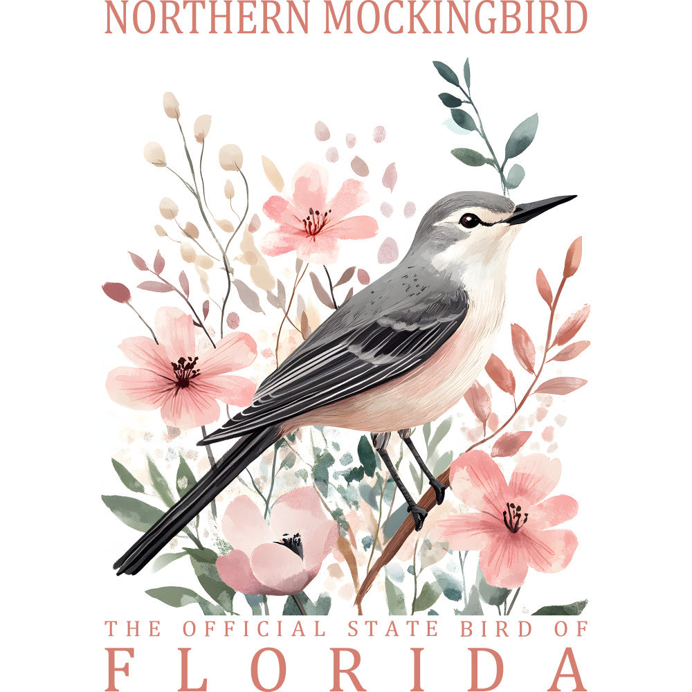 northern mockingbird, state bird, florida, watercolor style, botanical illustration, pink flowers, coral blooms, sage green leaves, beige tones, gray bird, nature scene, floral motif, fabric panel, quilting cotton, spring theme, bird watching, wildlife art, delicate brushstrokes, pastel palette, garden setting