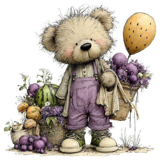 teddy bear, harvest, purple grapes, vegetables, farmer, gardening, whimsical, storybook, children's illustration, cute animals, autumn harvest, basket, balloon, golden tan, dusty purple, sage green, cream, rustic farmhouse, vintage illustration, nature scene, produce, fruits and vegetables, charming, playful, pastoral, countryside, folk art, garden theme, nursery