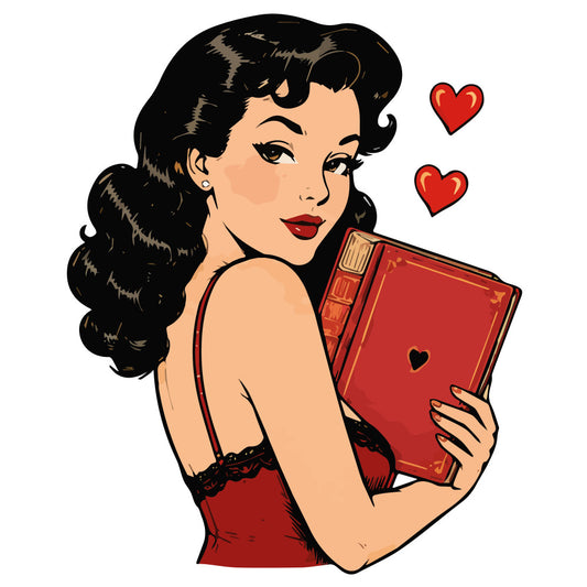 vintage pin-up, retro woman, 1950s style, red and black, crimson red, deep red, black hair, classic hollywood, glamorous woman, portrait, romantic theme, love and romance, red book, heart motifs, red hearts, elegant style, mid-century modern, nostalgic, feminine design, beauty and fashion, literary theme, books, classic beauty, pin-up girl, traditional style, romance theme, valentine's day, gift giving, decorative panel, apparel fabric