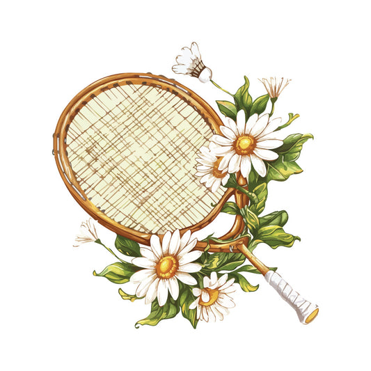butterfly, daisy, white flowers, cream, golden yellow, sage green, tan, brown wood, floral, nature, vintage, whimsical, botanical, spring, summer, tennis racket, sports, badminton, insects, garden, cottage core, pastoral, hand-drawn, illustrated, romantic, delicate, embroidered style, hobby, recreational sports, outdoor