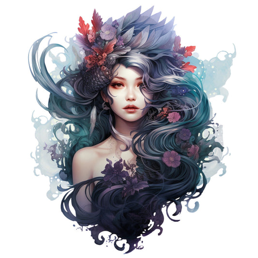 mermaid, fantasy woman, flowing hair, floral crown, ocean waves, teal, purple, coral red, navy blue, watercolor style, ethereal, sea foam, botanical elements, mythical creature, fabric panel, quilting cotton, whimsical, dreamy artwork, flowing locks, aquatic theme