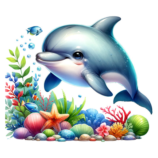 watercolor, cute dolphin, ocean scene, underwater, coral reef, starfish, seashells, tropical fish, sea plants, bubbles, teal blue, aqua, purple, pink, orange, green, fabric panel, quilting cotton, marine life, whimsical illustration, children's fabric, nursery decor, coastal theme, sea creatures