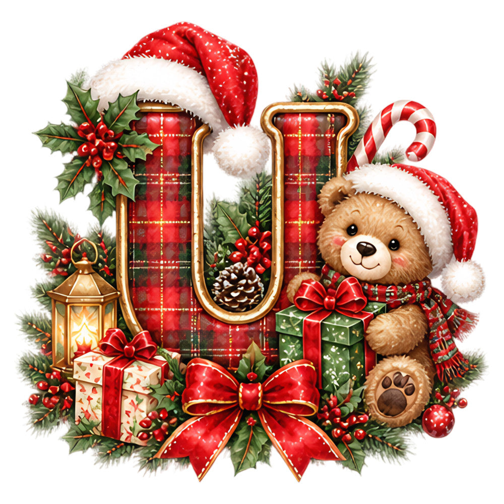 christmas, holiday, teddy bear, red plaid, tartan, festive, santa hat, candy cane, holly, berries, pine cones, gifts, presents, lantern, gold accents, red and green, traditional, whimsical, cute, winter, seasonal, red bow, evergreen, ornaments, cozy, cheerful, vintage style, warm colors, cream, forest green