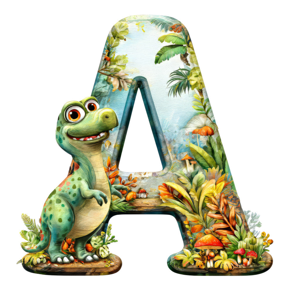 dinosaur, letter a, alphabet, green, orange, yellow, tropical, jungle, palm trees, mushrooms, cartoon style, children's fabric, quilting panel, prehistoric, playful, bright colors, educational, forest scene, cute dinosaur, fabric panel