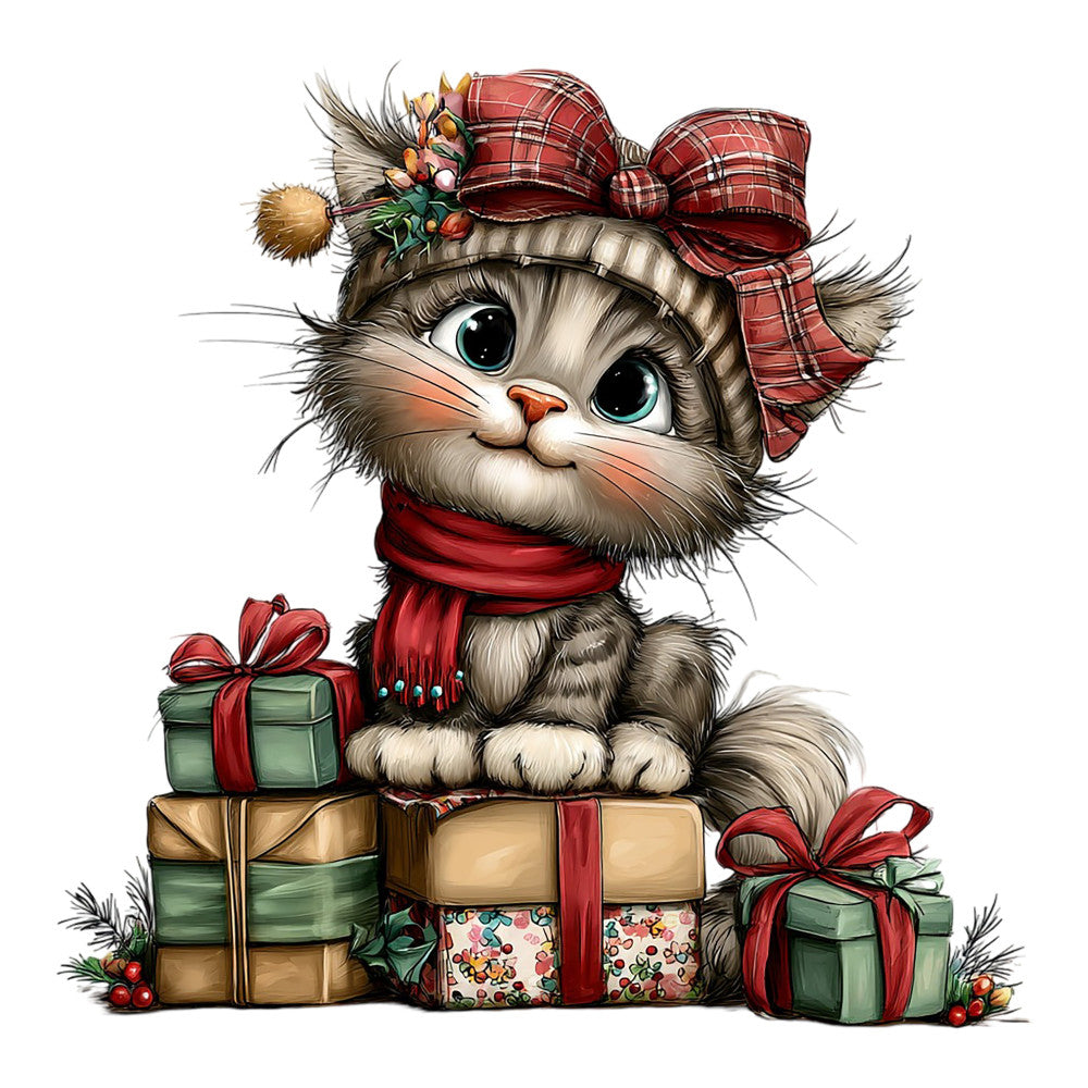 cute cat, festive cat, holiday cat, christmas cat, plaid, red plaid, tartan, gift boxes, presents, wrapped gifts, ribbons, bows, red ribbon, green gift box, cream, tan, beige, red, forest green, holiday theme, christmas theme, whimsical, playful, festive, winter holiday, seasonal, decorative panel, wall hanging, children's, kids