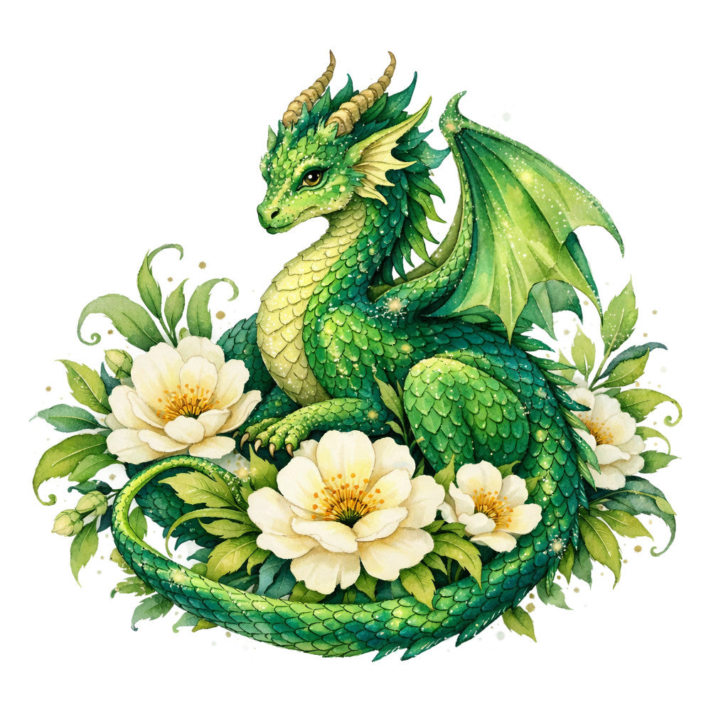 sage green, emerald green, cream, golden yellow, fantasy, whimsical, dragon, flowers, floral, nature, magical, fairytale, peony, botanical, leaves, scales, wings, elegant, storybook, enchanted, spring, summer, garden, creature, mythical, decorative panel, wall hanging, fantasy art, detailed illustration