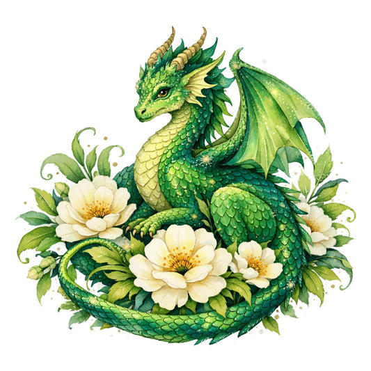 sage green, emerald green, cream, golden yellow, fantasy, whimsical, dragon, flowers, floral, nature, magical, fairytale, peony, botanical, leaves, scales, wings, elegant, storybook, enchanted, spring, summer, garden, creature, mythical, decorative panel, wall hanging, fantasy art, detailed illustration