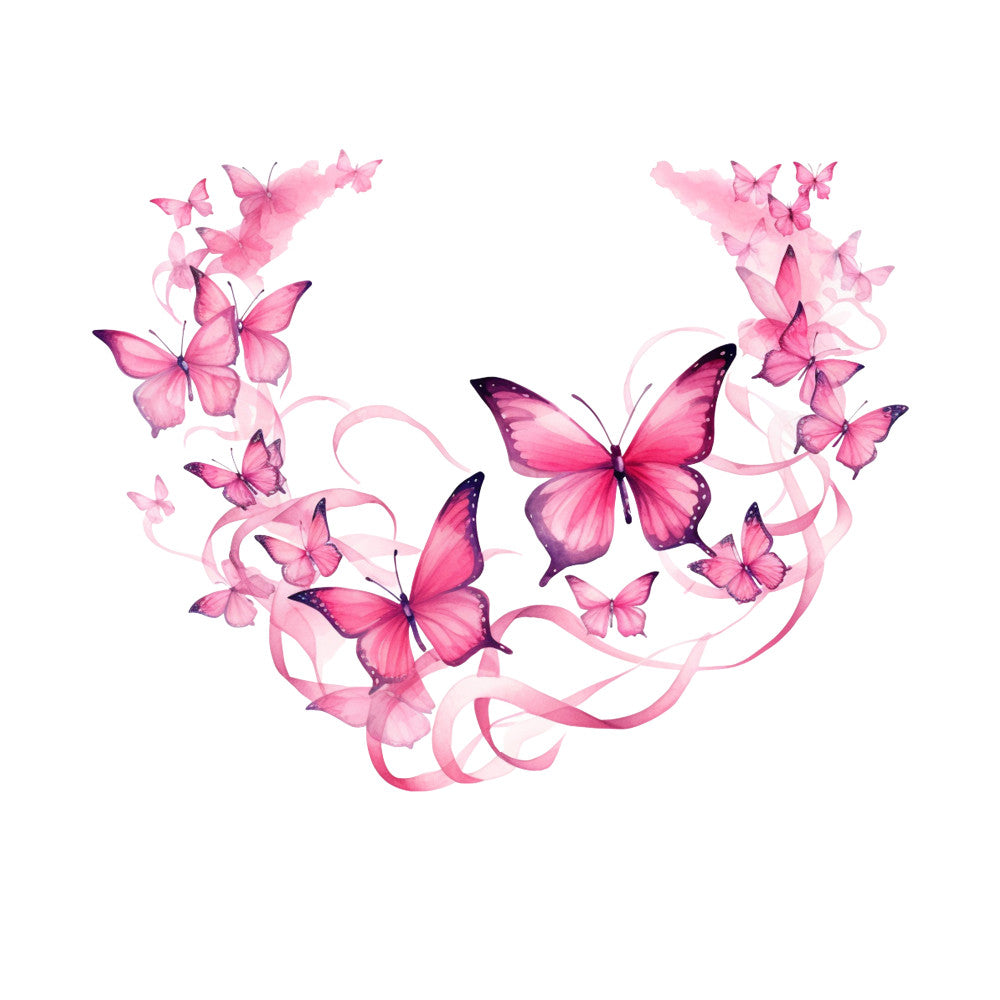 pink butterflies, breast cancer awareness, watercolor style, flowing ribbons, gradient wings, delicate design, fabric panel, quilting cotton, soft pastels, magenta accents, butterfly swarm, ethereal mood, charity theme, pink ribbon, translucent wings, gentle movement, supportive message, craft project, sewing material, cancer support