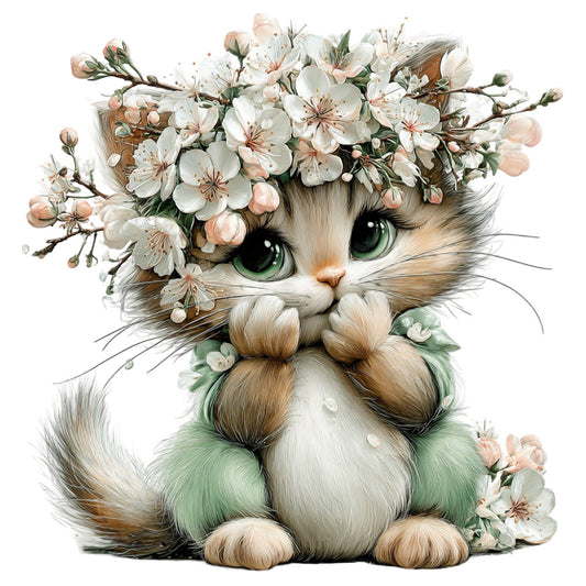 cat, floral, whimsical, cute animals, spring, pastel, cream, soft pink, peach, sage green, mint green, white flowers, cherry blossoms, botanical, nature, delicate, sweet, feminine, baby, nursery, children's, illustration, artistic, vintage, cottage core, romantic, gentle, soft palette, adorable, kitten