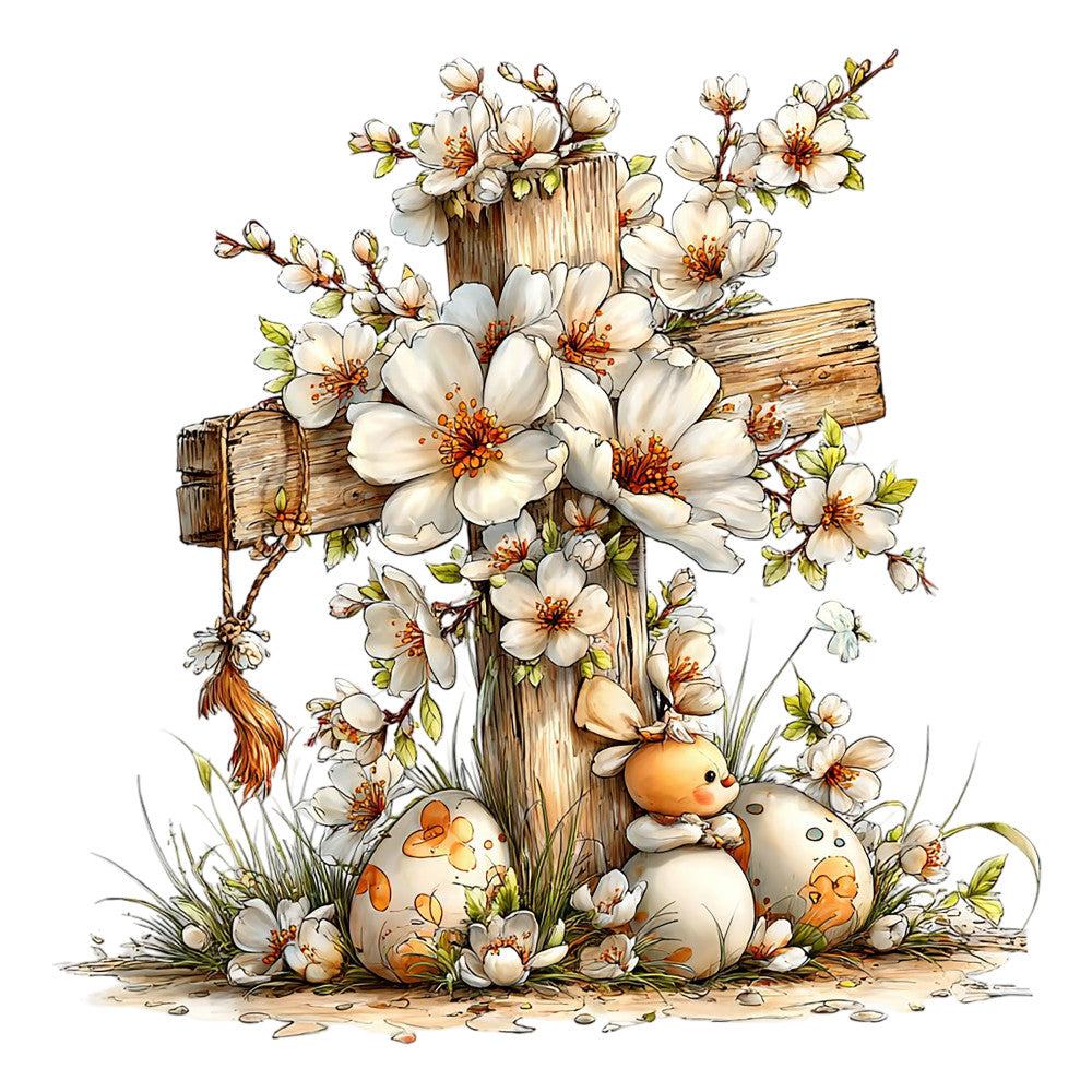 wooden cross, white flowers, cherry blossoms, easter eggs, baby chicks, spring blooms, rustic wood, floral design, pastel colors, cream petals, orange centers, green leaves, fabric panel, quilting cotton, easter theme, spring seasonal, watercolor style, soft illustration, religious motif, nature scene