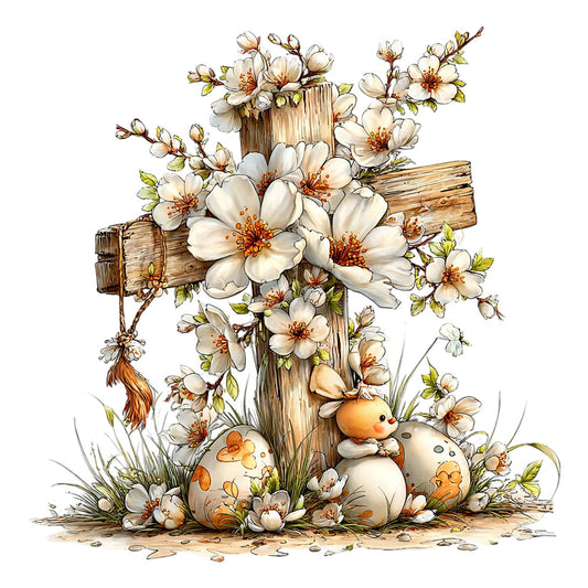 wooden cross, white flowers, cherry blossoms, easter eggs, baby chicks, spring blooms, rustic wood, floral design, pastel colors, cream petals, orange centers, green leaves, fabric panel, quilting cotton, easter theme, spring seasonal, watercolor style, soft illustration, religious motif, nature scene