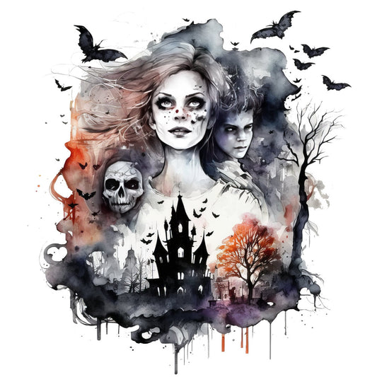 halloween, gothic, haunted house, bats, skull, spooky, dark academia, witchy, autumn, fall, watercolor, abstract, moody, charcoal gray, black, dusty rose, rust orange, cream, grayscale, supernatural, witches, dark fantasy, eerie, mysterious, vintage gothic, baroque, haunted mansion, dead trees, bare branches, horror theme