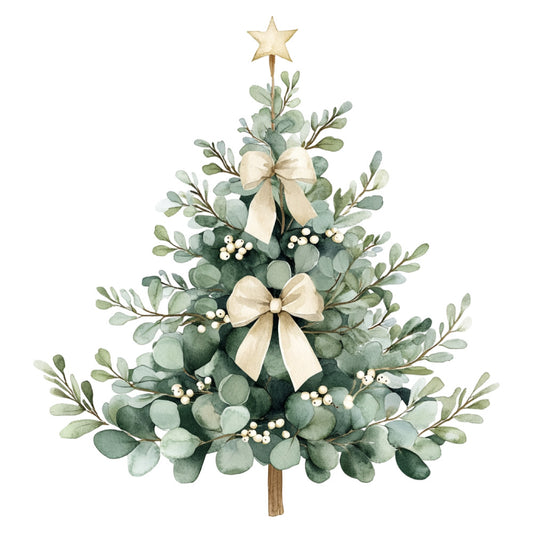 sage green, eucalyptus, cream, ivory, beige, gold star, botanical, floral, nature, holiday, christmas, elegant, rustic, whimsical, traditional, festive, greenery, leaves, berries, bows, ribbon, star topper, winter, seasonal, evergreen, soft, gentle, farmhouse, vintage, natural