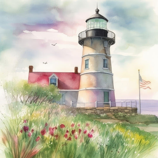lighthouse, coastal, nautical, american flag, red roof cottage, wildflowers, red flowers, cream, beige, sage green, dusty rose, mauve, watercolor, scenic, landscape, vintage, country, farmhouse, peaceful, seaside, ocean view, cottage core, americana, birds, sky clouds, pastoral, traditional, romantic, botanical