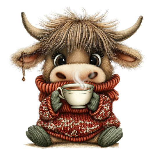 cute highland cow, whimsical animal, cozy sweater, warm beverage, coffee cup, tea cup, steam mug, cozy animal, adorable creatures, winter clothing, knit sweater, holiday themed, christmas animal, festive design, rust red, forest green, sage green, cream white, beige tan, animal portrait, farmhouse style, rustic charm, hygge aesthetic, seasonal winter, autumn colors, cottage core, folk art style, knitwear pattern, sweater motif, chunky knit
