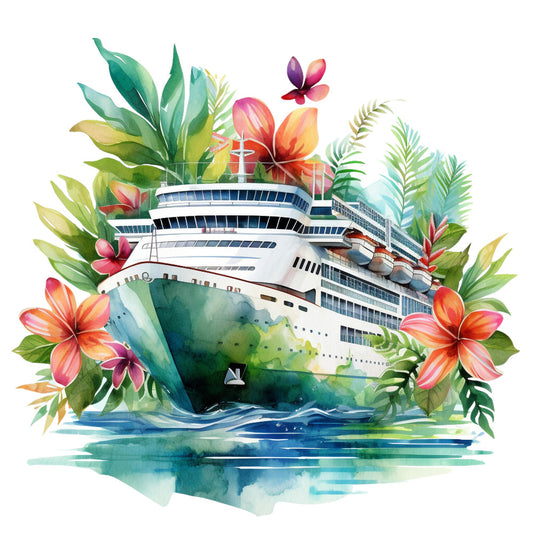 cruise ship, tropical flowers, watercolor style, fabric panel, quilting cotton, ocean waves, hibiscus blooms, palm fronds, turquoise water, coral pink, emerald green, vacation theme, maritime design, botanical elements, summer motif, travel inspired, tropical paradise, nautical scene, colorful florals, resort style