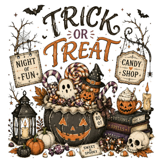 halloween, trick or treat, fall, autumn, orange, black, cream, purple, spooky, witches, jack-o-lantern, pumpkins, candy, ghosts, skulls, bats, stars, whimsical, festive, vintage halloween, dark academia, potion bottles, candy shop, night of fun, sweet and spooky, lanterns, witch hat, candy canes, magical, seasonal