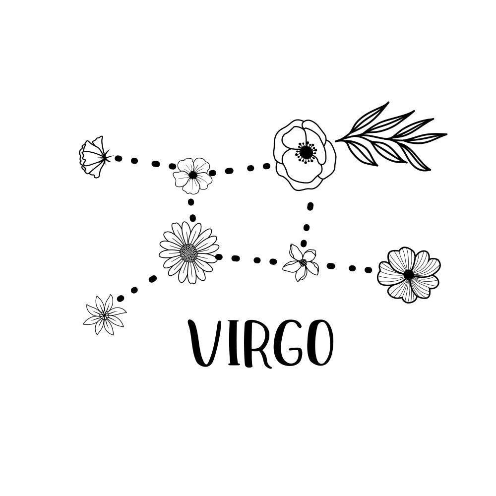 virgo zodiac, black and white, line art, floral, botanical, flowers, daisy, poppy, anemone, cosmos, leaves, foliage, minimalist, modern, celestial, astrology, horoscope, nature, spring, summer, whimsical, elegant, feminine, decorative, wall hanging, home decor, quilt panel, botanical illustration