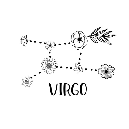 virgo zodiac, black and white, line art, floral, botanical, flowers, daisy, poppy, anemone, cosmos, leaves, foliage, minimalist, modern, celestial, astrology, horoscope, nature, spring, summer, whimsical, elegant, feminine, decorative, wall hanging, home decor, quilt panel, botanical illustration