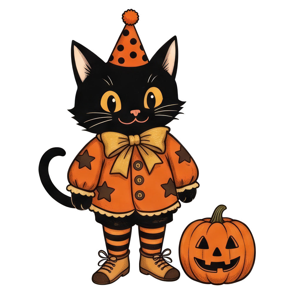 black cat, orange, gold, brown, striped, polka dot, stars, party hat, bow tie, pumpkin, jack-o-lantern, halloween, autumn, fall, whimsical, festive, spooky, cute, playful, costume, cat lover, holiday, seasonal, children's, kids, trick-or-treat, cheerful, folk art, retro, vintage inspired