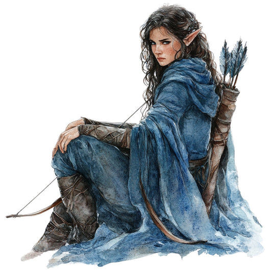 fantasy character, elf, archer, warrior woman, fantasy art, denim blue, slate blue, brown leather, fantasy portrait, character illustration, medieval fantasy, adventure theme, fantasy gaming, character design, tabletop gaming, fantasy cosplay, dungeons and dragons, fantasy novel, storybook illustration, whimsical fantasy, heroic pose, bow and arrows, fantasy costume, gaming culture, illustrated portrait, fantasy adventure, character panel, fantasy fashion, adventure style, fantasy aesthetic