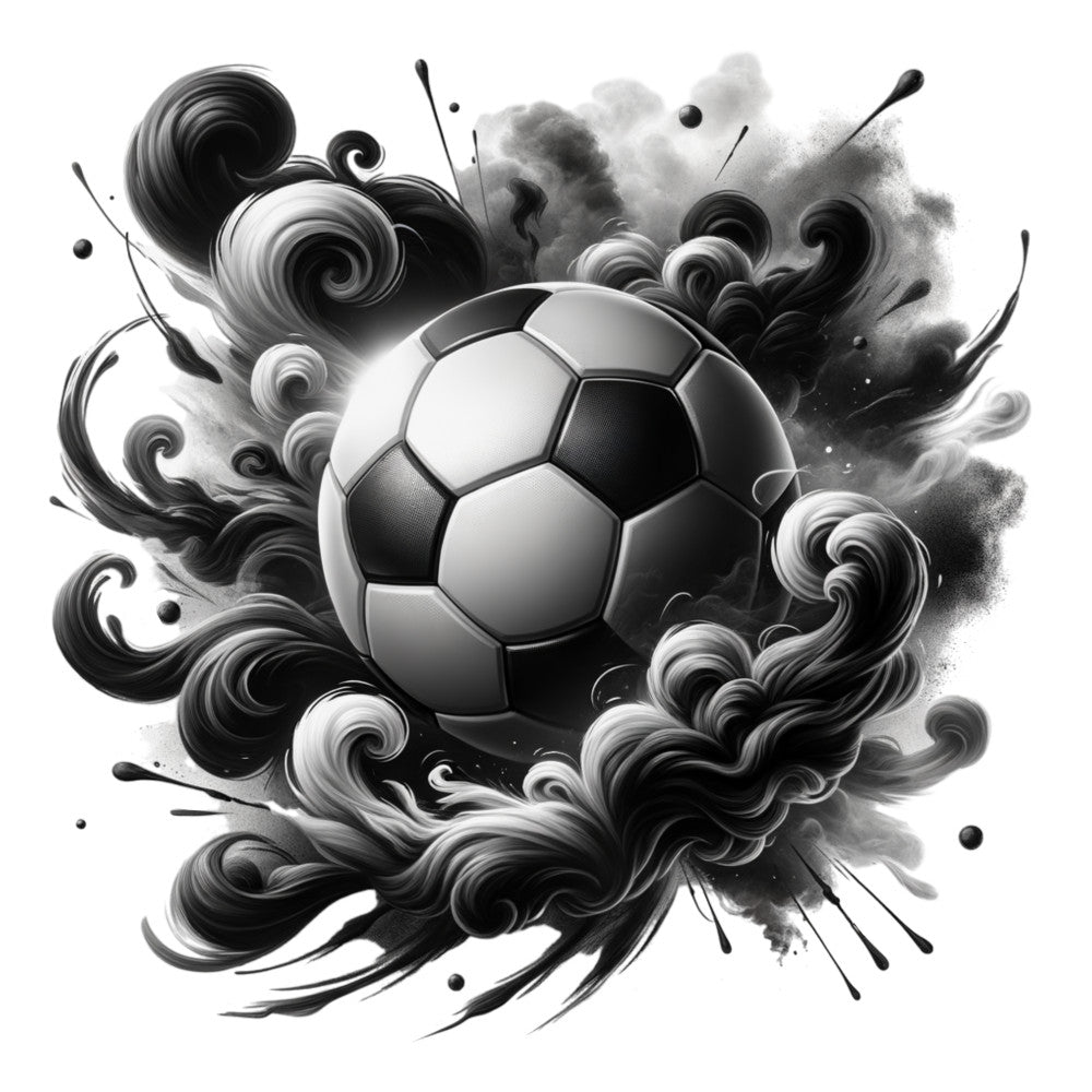 soccer ball, watercolor style, black and white, monochrome, splash effects, swirling patterns, fabric panel, sports theme, dynamic movement, artistic swirls, grayscale tones, decorative flourishes, fluid motion, athletic design, cotton panel, quilting fabric, modern art style, energetic composition, abstract elements, football design