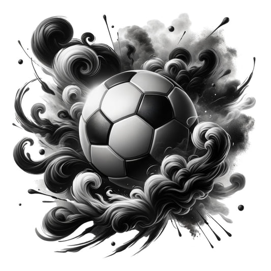soccer ball, watercolor style, black and white, monochrome, splash effects, swirling patterns, fabric panel, sports theme, dynamic movement, artistic swirls, grayscale tones, decorative flourishes, fluid motion, athletic design, cotton panel, quilting fabric, modern art style, energetic composition, abstract elements, football design