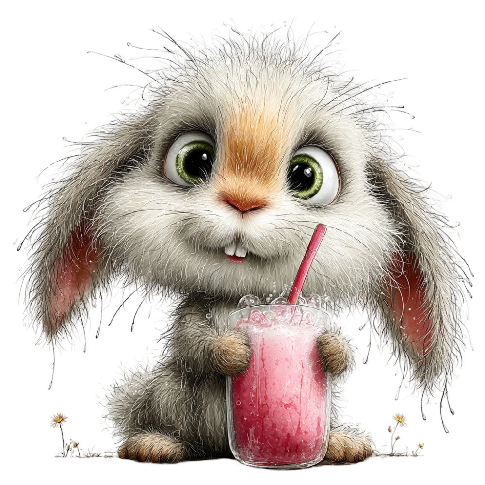 fluffy cat, adorable animal, whimsical, cute kitten, big eyes, pink drink, strawberry smoothie, cream white, soft gray, warm brown, rust orange, sage green, gentle illustration, children's fabric, nursery themed, baby friendly, playful character, sweet expression, spring themed, summer vibes, casual style, contemporary illustration, charming motif, girl's fabric, decorative panel, storybook style, nature accents, whimsy design