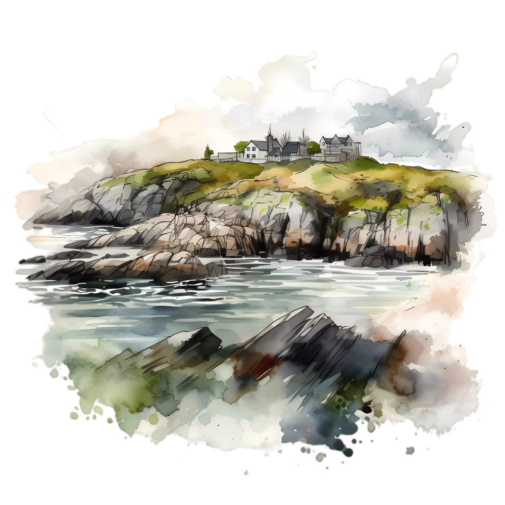 coastal landscape, watercolor, seaside cottage, rocky cliffs, ocean waves, coastal homes, watercolor painting, sage green, slate gray, cream, soft blue, muted tones, nature scene, architectural, seaside village, impressionist style, atmospheric, misty sky, maritime theme, rustic coastal, traditional landscape, scenic view, beach cottage, seascape, charcoal gray, soft gray, landscape art, wall hanging, home decor, country living