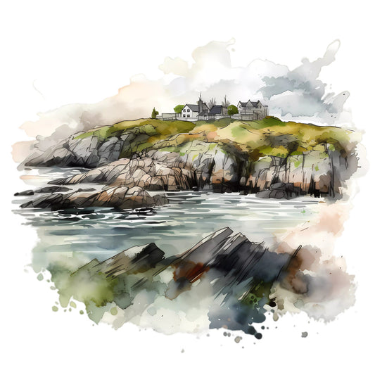 coastal landscape, watercolor, seaside cottage, rocky cliffs, ocean waves, coastal homes, watercolor painting, sage green, slate gray, cream, soft blue, muted tones, nature scene, architectural, seaside village, impressionist style, atmospheric, misty sky, maritime theme, rustic coastal, traditional landscape, scenic view, beach cottage, seascape, charcoal gray, soft gray, landscape art, wall hanging, home decor, country living