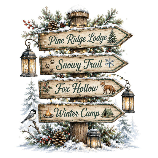 winter lodge, snow, pine trees, forest green, cream, brown, rustic, woodland, cabin, directional sign, animals, fox, birds, paw prints, holiday, christmas, winter, nature, vintage, farmhouse, lanterns, pinecones, evergreen, snowy, cozy, adventure, outdoor, trail, decorative panel, wall hanging
