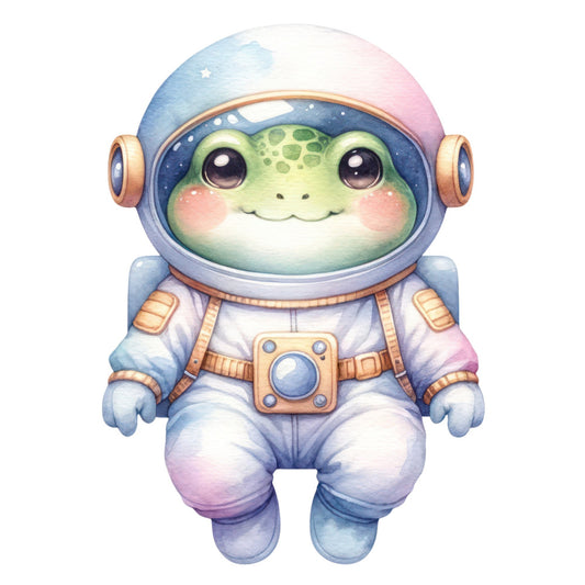 adorable frog, astronaut, space explorer, mint green, pale blue, soft pink, lavender, pastel colors, whimsical, cute, character print, celestial theme, space theme, children's fabric, baby fabric, nursery decor, animals in clothing, playful, illustration style, watercolor effect, gold accents, copper details, helmet visor, stars, space suit, adorable characters, kids' quilt, children's bedding, fantasy theme, imaginative design