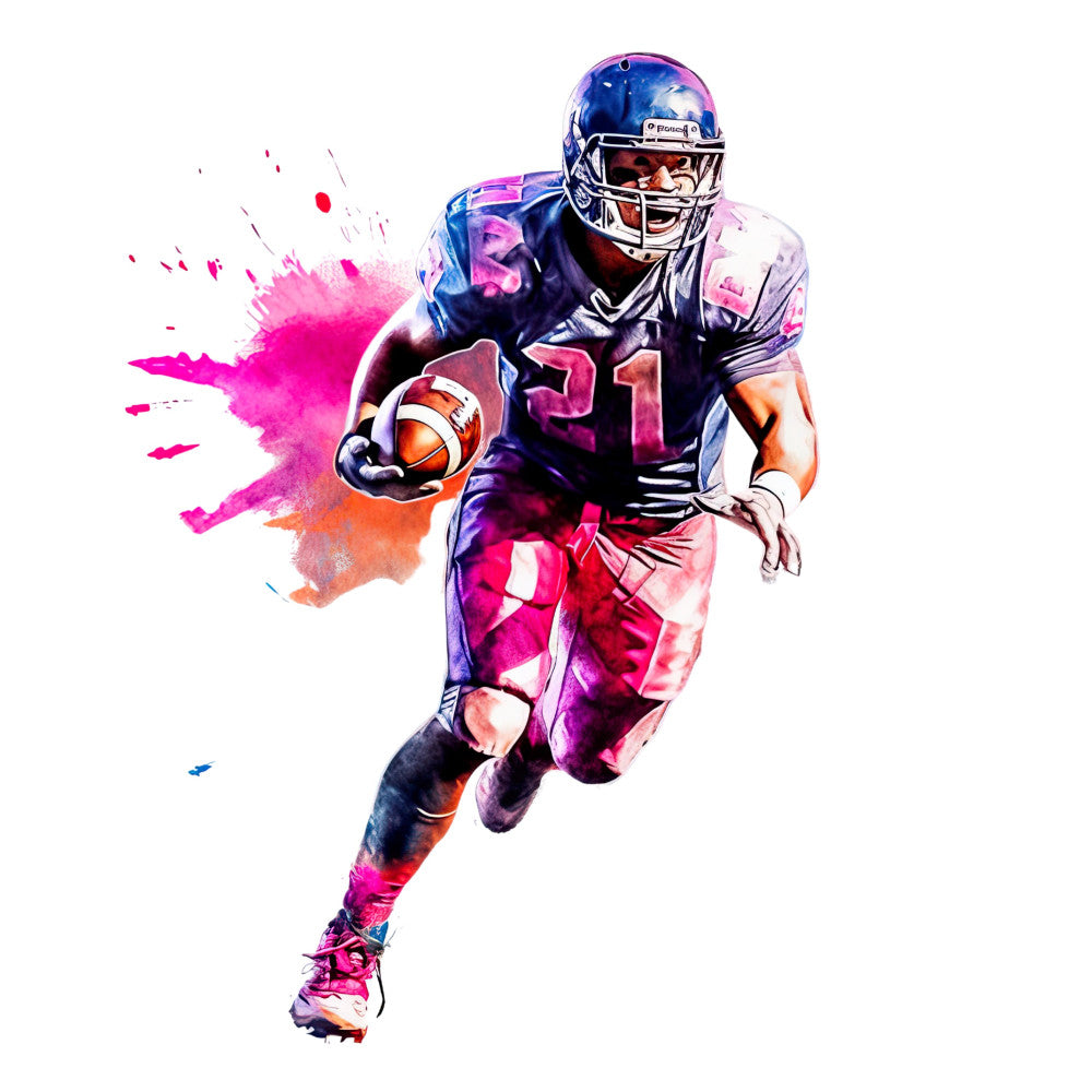 sports, football, athletic, watercolor, abstract, splatter, magenta, hot pink, purple, navy blue, bright colors, vibrant, modern, dynamic, action, player, jersey, number 21, paint splatter, contemporary, colorful, energetic, youth, masculine, team spirit, game day, competitive