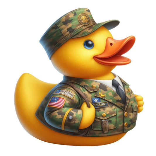 yellow duck, military, camouflage, camo pattern, army, soldier, veteran, patriotic, american flag, whimsical, novelty, cute animals, children's, kids, baby, yellow, orange, green, brown, tan, humorous, funny, character print, novelty print, themed fabric, military uniform, service, heroic, playful, cartoon style