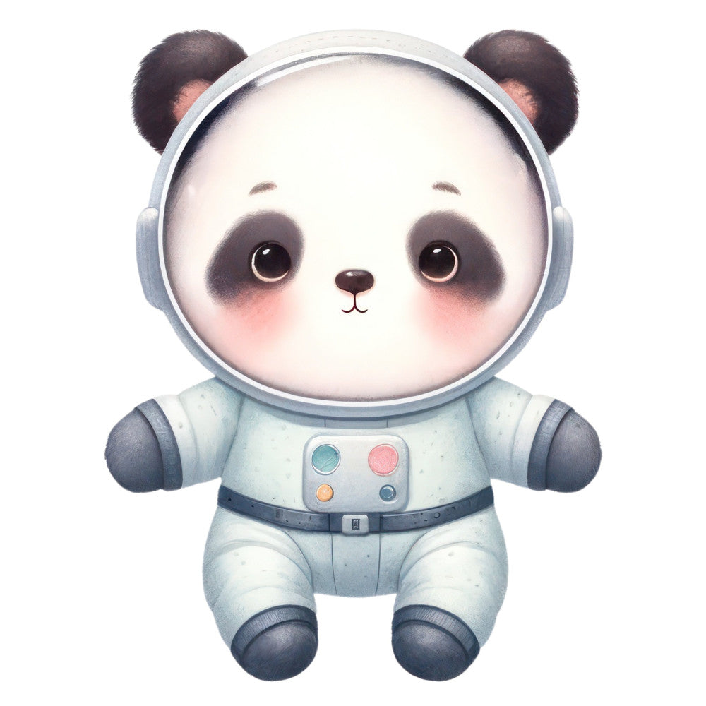 cute panda, astronaut panda, space panda, whimsical animals, children's design, baby quilt, nursery decor, soft blue, light gray, cream white, pink cheeks, charcoal black, modern cute, adorable characters, animal faces, space theme, celestial theme, playful style, contemporary design, gender neutral, child-friendly, character panel, kawaii style, fantasy animals, wall hanging, bedding fabric, storybook style, sweet expression, big eyes, space suit