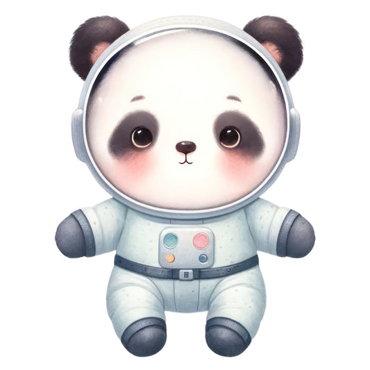 cute panda, astronaut panda, space panda, whimsical animals, children's design, baby quilt, nursery decor, soft blue, light gray, cream white, pink cheeks, charcoal black, modern cute, adorable characters, animal faces, space theme, celestial theme, playful style, contemporary design, gender neutral, child-friendly, character panel, kawaii style, fantasy animals, wall hanging, bedding fabric, storybook style, sweet expression, big eyes, space suit