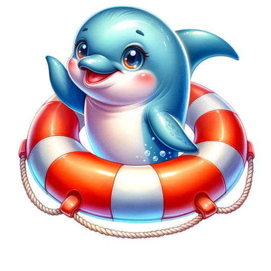turquoise blue, coral orange, white, red and white stripes, cute dolphin, life preserver, ocean animal, cartoon style, cheerful, whimsical, nautical theme, marine life, swimming, fabric panel, quilting cotton, children's design, playful, summer theme, beach motif, adorable character