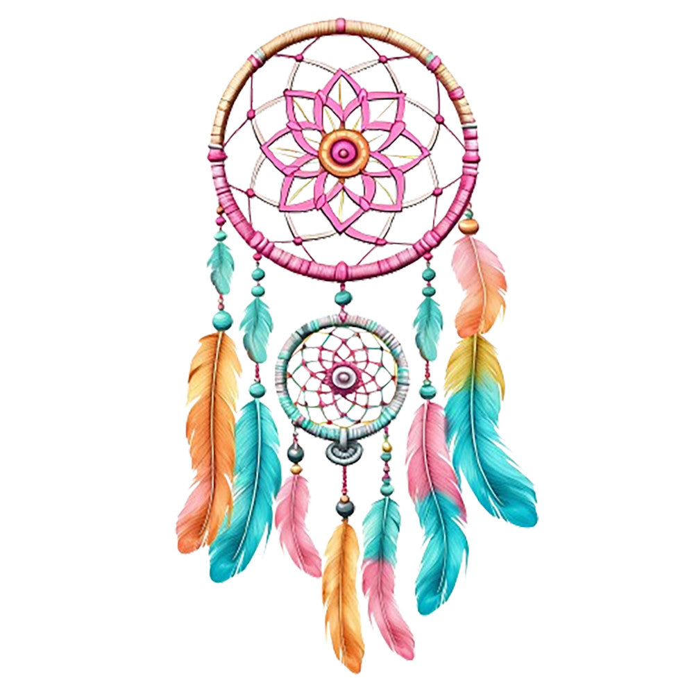 Watercolor Dream Catcher Fabric Panel 3 with vibrant feathers and intricate design on premium quilting cotton.