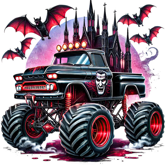 hot rod, monster truck, gothic castle, bat, vampire, black, red, hot pink, purple, neon glow, spooky, halloween, horror, vintage truck, monster truck art, supernatural, dark theme, edgy, alternative, goth aesthetic, creepy, celestial moon, illuminated lights, demon face, skull-like character, autumn, horror theme, heavy metal style, grunge, dark romance