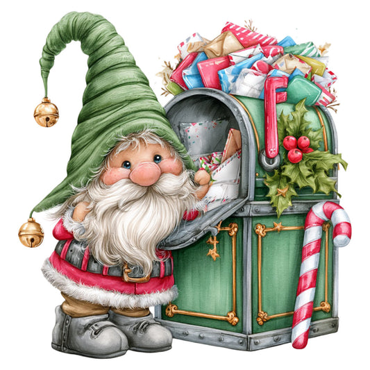 christmas gnome, holiday, festive, whimsical, red and green, forest green, cream white, gold accents, candy cane, holly, jingle bells, gift bag, presents, vintage style, traditional christmas, nostalgic, jolly, santa gnome, winter, seasonal, children's, cheerful, decorative panel, wall hanging, christmas quilt, festive design, striped candy cane, red velvet, white beard, pointy hat