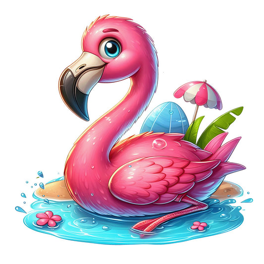 flamingo, baby flamingo, pink, coral, turquoise, aqua blue, tropical bird, swimming, water splashes, beach ball, umbrella, tropical leaves, cute cartoon, whimsical style, fabric panel, quilting cotton, summer theme, pool float, tropical paradise, bright colors