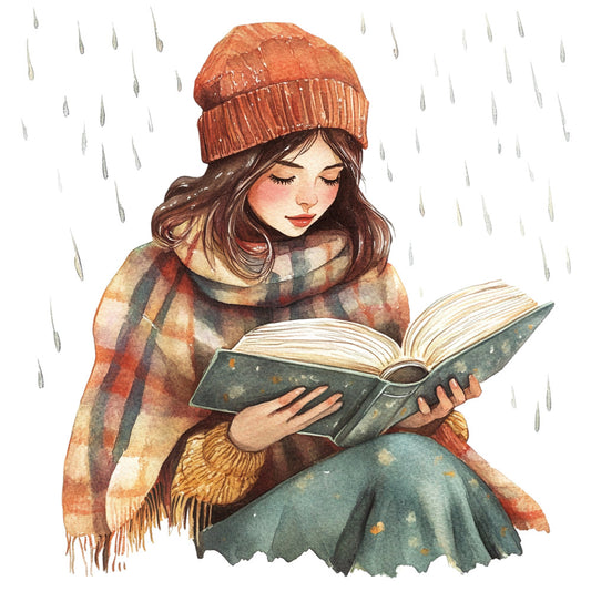 autumn, rainy day, reading, girl, woman, cozy, rust orange, burnt orange, cream, teal blue, sage green, plaid, checkered, vintage, literary, storybook, whimsical, illustration, watercolor, fall season, winter, rain drops, beanie hat, scarf, fringe, blanket, peaceful, quiet moment, book lover, nostalgic