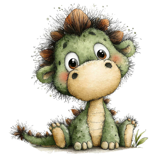 sage green, moss green, cream, beige, tan, brown, rust, whimsical, cute, animal, dinosaur, dragon, children's, playful, cartoon, illustrated, fantasy creature, spiky hair, big eyes, adorable, nursery, baby, children's book, storybook style, nature, magical, friendly, quirky, kids fabric
