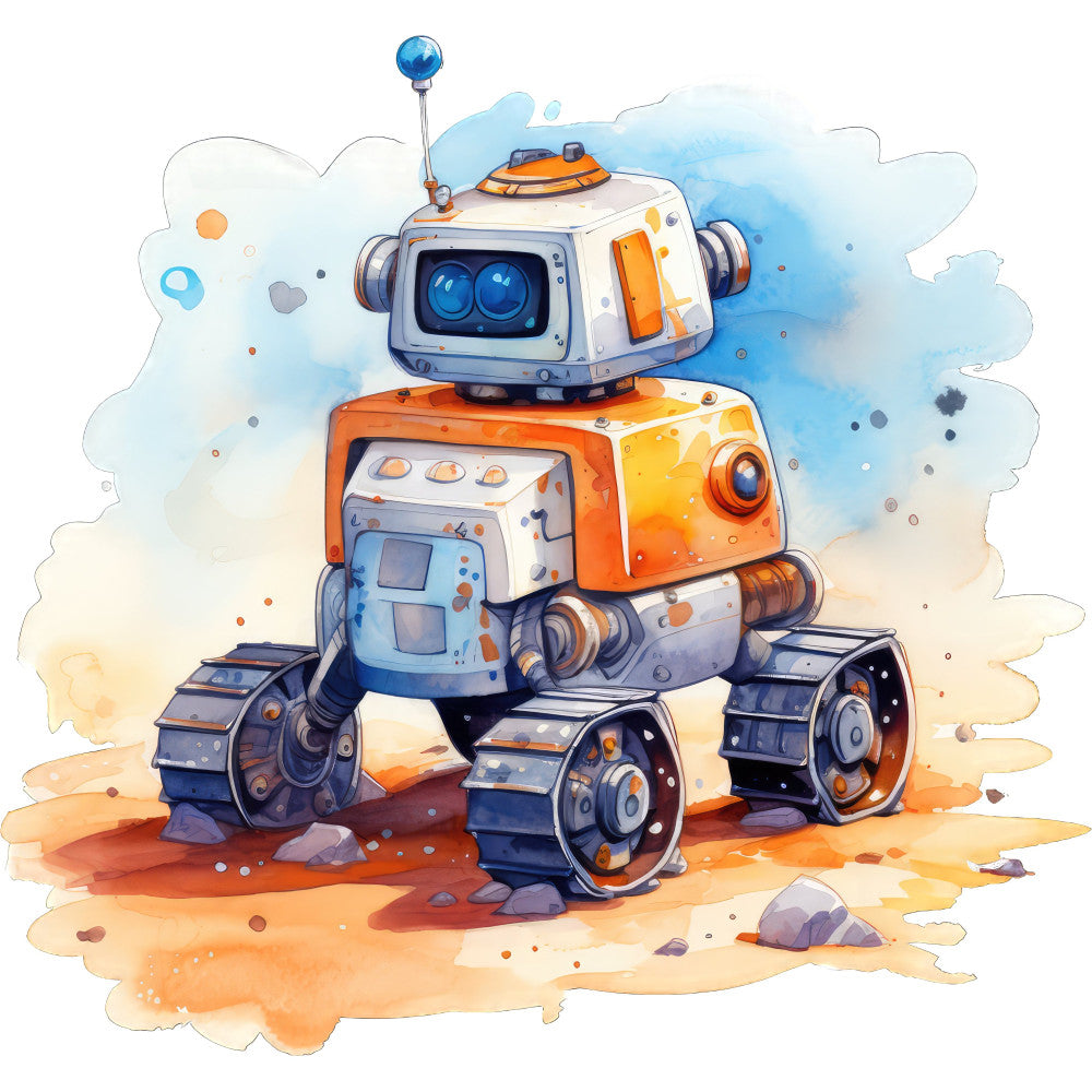 robot, space exploration, futuristic, orange, blue, white, gray, whimsical, children's, sci-fi, science fiction, cute, playful, modern, illustration, cartoon style, rover, mechanical, adventure, exploration, boy's fabric, girl's fabric, STEM, technology, novelty print, landscape, desert, sandy, metallic accents, kid's quilt