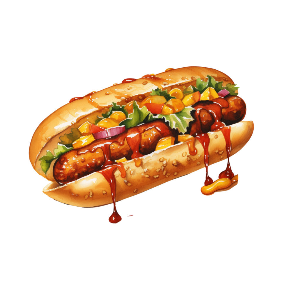 hot dog, food, fast food, ketchup, mustard, sesame seed bun, corn, lettuce, red onion, tomato, culinary, foodie, kitchen, cooking, diner, retro, vintage, whimsical, playful, fun, bright, golden yellow, cream, red, green, sandwich, casual dining, novelty, illustration, comic style
