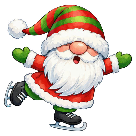 christmas, holiday, santa, red and green, festive, striped, whimsical, cheerful, winter, elf, christmas elf, candy cane stripe, jolly, playful, fun, seasonal, december, green stripes, red stripes, white beard, glasses, ice skates, wintery, novelty, cartoon, illustration, children's, kid-friendly, christmas décor, holiday themed