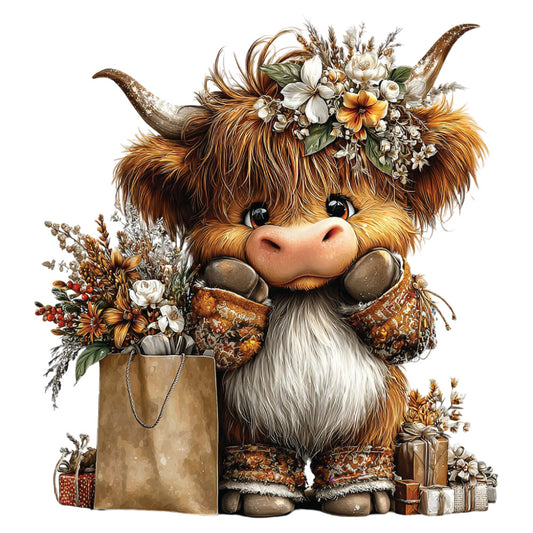 christmas highland cow, fabric panel, quilting cotton, autumn colors, rustic brown, cream white, orange florals, furry texture, horned cattle, floral crown, gift bags, presents, seasonal bouquet, cottagecore aesthetic, farmhouse style, holiday cow, textured fur, botanical elements, festive arrangement, rustic charm