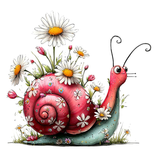 whimsical snail, coral pink, golden yellow, sage green, floral, nature, garden, daisies, spring, summer, animals, insects, whimsical style, children's fabric, nursery, storybook, decorative panel, wall hanging, soft pastels, delicate florals, botanical, cottage core, fantasy creatures, playful design, cheerful, colorful, dreamy, illustrated art, character panel